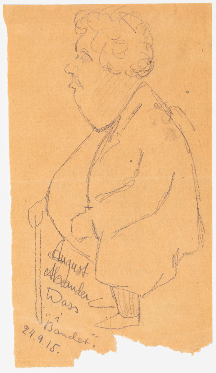 Korpulent man i profil vänd till vänster som stöder sig på en käpp. Han är iklädd kostym och har lockigt hår.
