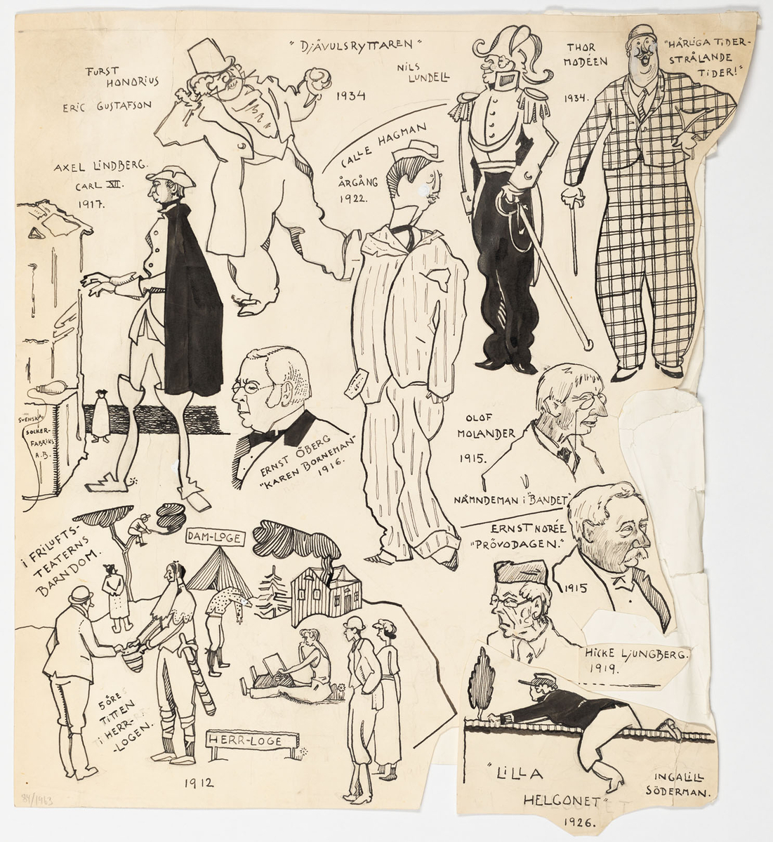 Flertalet karikatyrer och rollporträtt sammanklistrade på ett ark.
