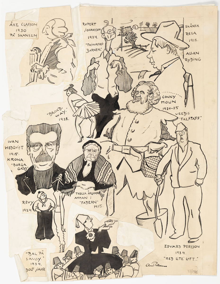 Flertalet karikatyrer och rollporträtt sammanklistrade på ett ark.

