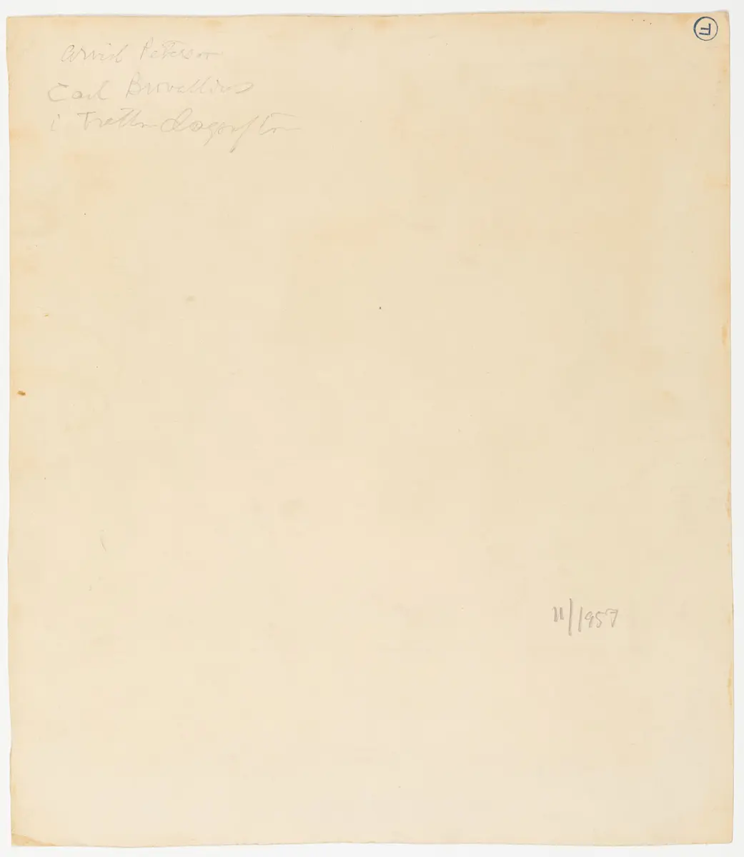 Lutspelande man sittandes på bakstycket på en soffa i en park. Han bär en renässans-inspirerad dräkt i gult och grönt. I bakgrunden två små figurer, mur och grönska.
