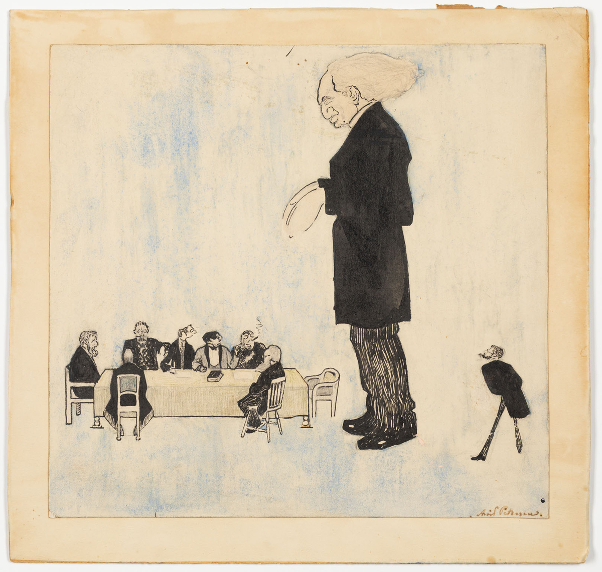 Äldre man avbildad i profil vänd till vänster klädd i svart paletå och randiga byxor. Till vänster om honom ett långbord med sju små kostymklädda män. Längst till höger en liten man med skägg klädd oknäppt paletå.
