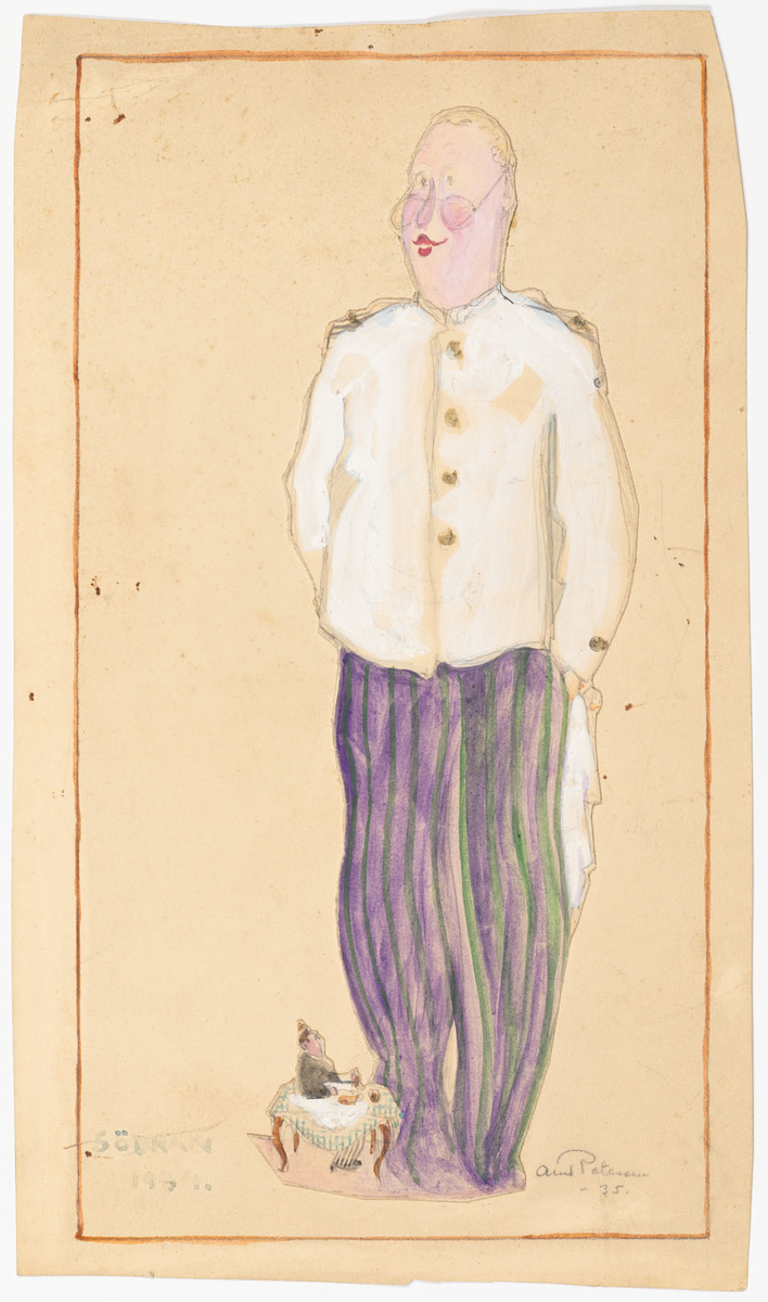 Man avbildad i helfigur klädd som servitör i vit jacka, randiga långbyxor och servett i vänster hand. Nederst till vänster, vid mannens fötter, en gäst vid ett litet bord.
