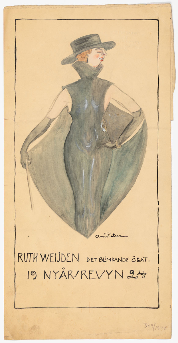 Dam i höghalsad svart klänning, svarta långa handskar och  svart spansk hatt. I handen håller hon en taktpinne.
