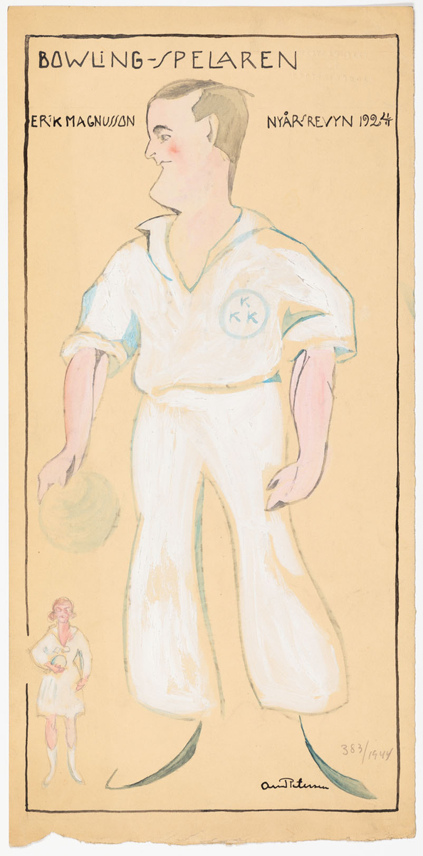 Man avbildad i helfigur med huvudet till vänster, iklädd öppen vit skjorta med korta ärmar och vita byxor. Bowlingklot i handen. I fonden miniatyr av dam i vitt
