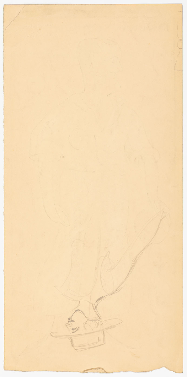 Man avbildad i helfigur med huvudet till vänster, iklädd öppen vit skjorta med korta ärmar och vita byxor. Bowlingklot i handen. I fonden miniatyr av dam i vitt
