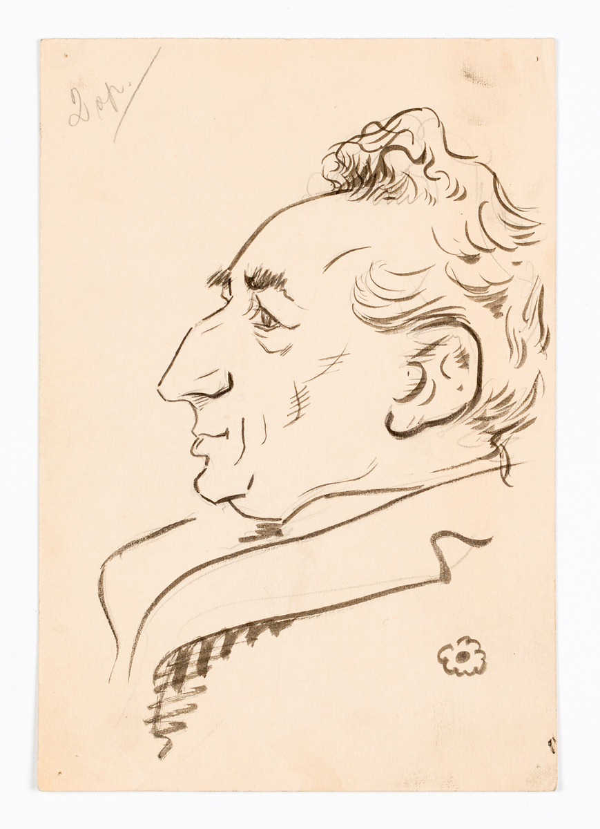 Ett porträtt av en man i profil. Mannen har yvigt hår och är klädd i kavaj samt vänd åt vänster. 
