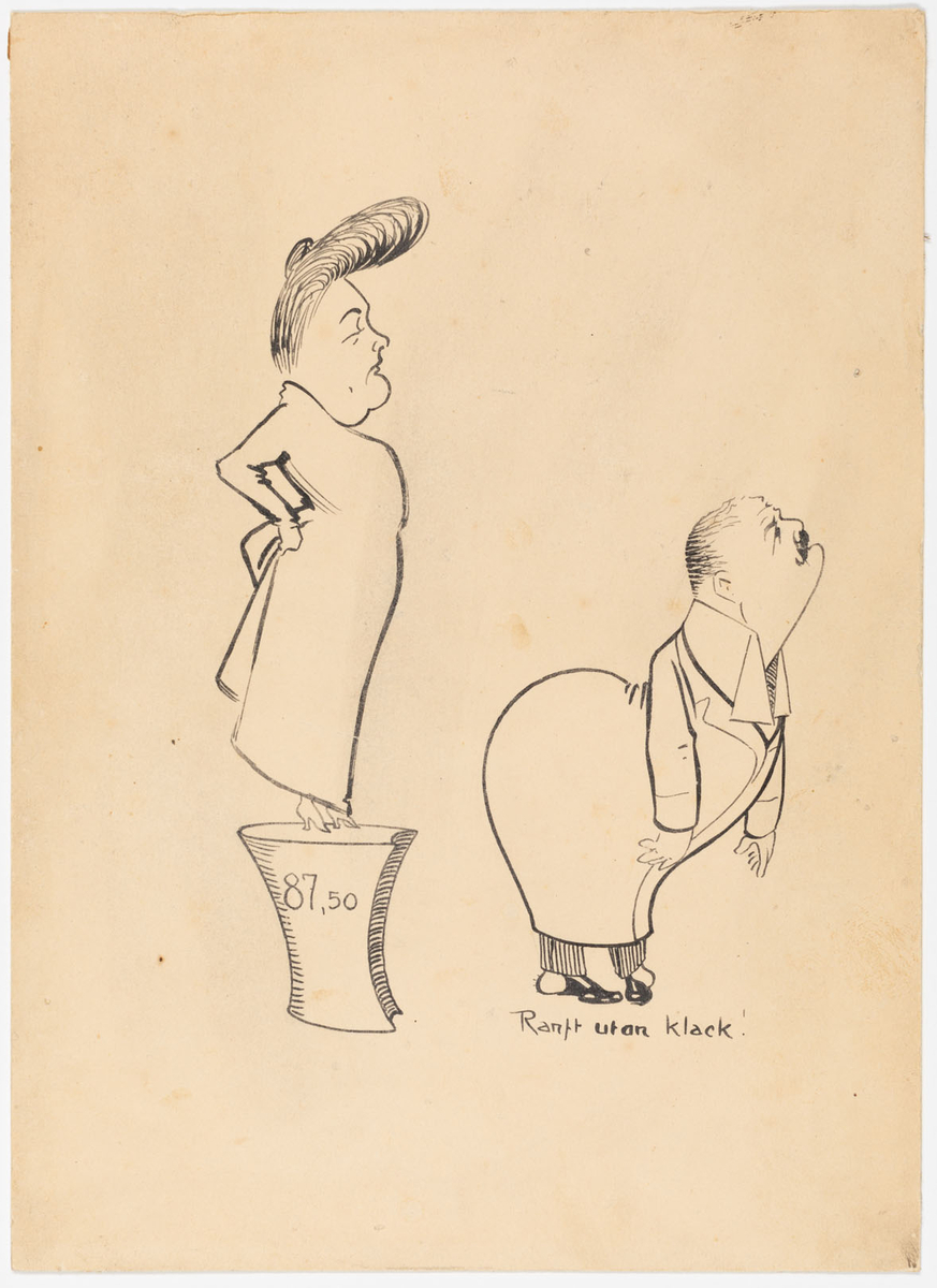 En kvinna som står på ett städ (klack) med påskriften 87,50. Framför henne står en böjd man i skor utan hälar.
