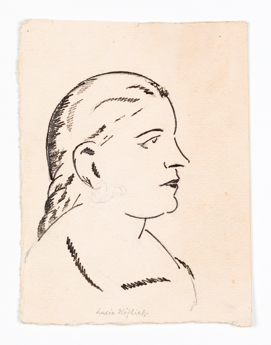 Ett kvinnoporträtt i profil, vänd mot höger.
