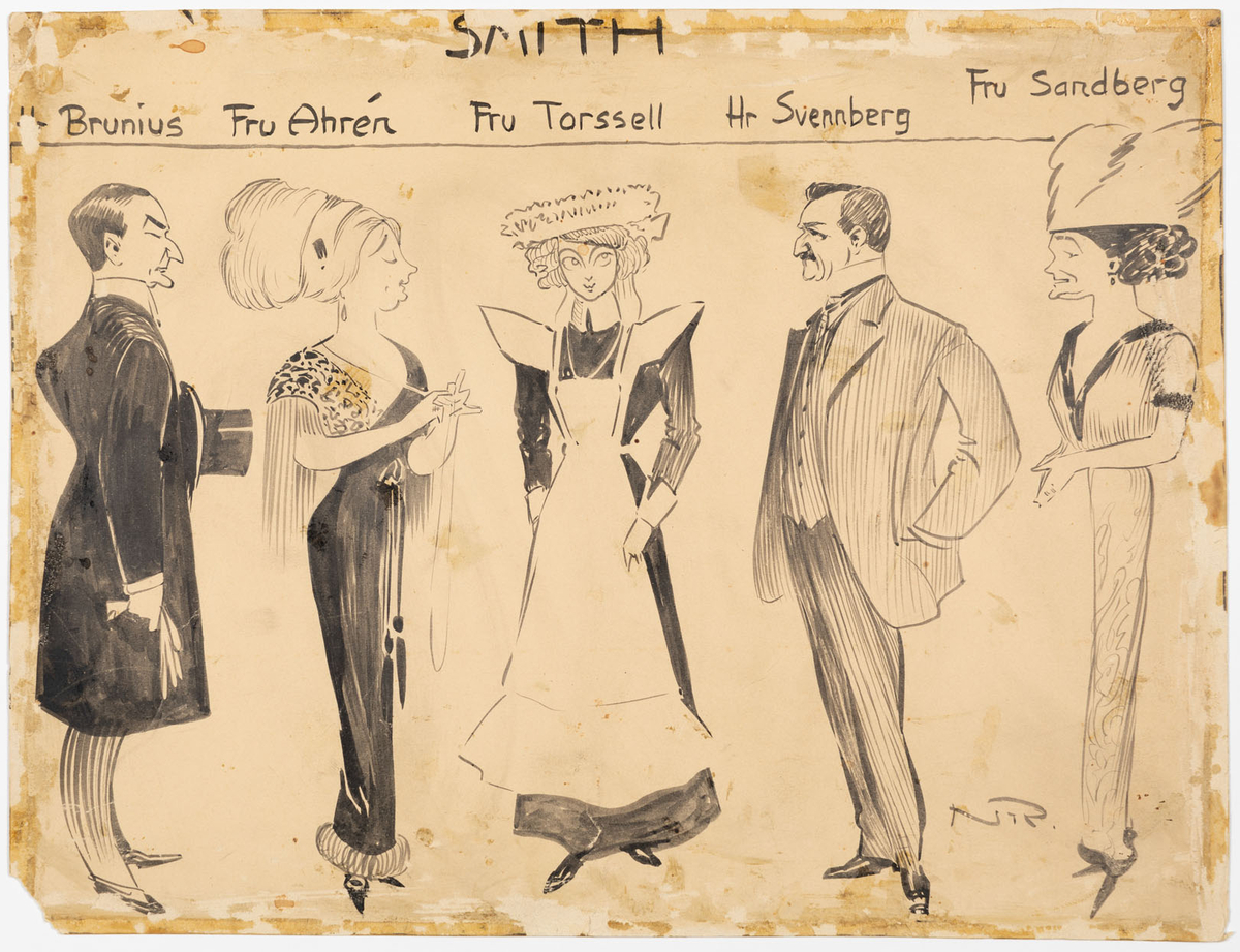 Fem personer avbildade i helfigur. Längst till vänster en man klädd i paletå med hög hatt i vänster hand. Bredvid honom kvinna i hög frisyr klädd i snäv ankellång aftonklänning. I mitten kvinna klädd som ett hembiträde med huvudbonad. Till höger om henne en medelålders man med mustasch i kavajkostym och kvinna i stor hatt och snäv eftermiddags-dräkt.
