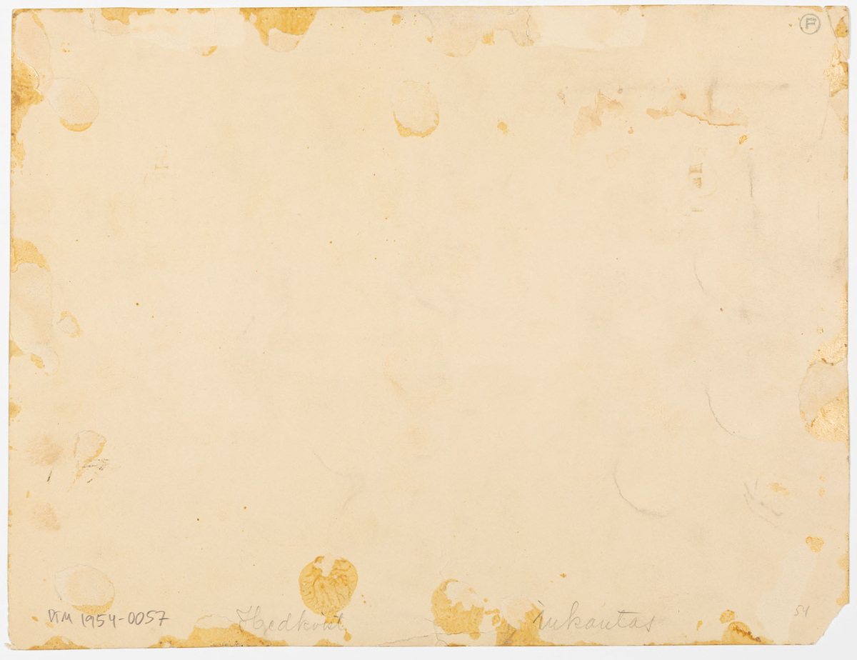 Fem personer avbildade i helfigur. Längst till vänster en man klädd i paletå med hög hatt i vänster hand. Bredvid honom kvinna i hög frisyr klädd i snäv ankellång aftonklänning. I mitten kvinna klädd som ett hembiträde med huvudbonad. Till höger om henne en medelålders man med mustasch i kavajkostym och kvinna i stor hatt och snäv eftermiddags-dräkt.
