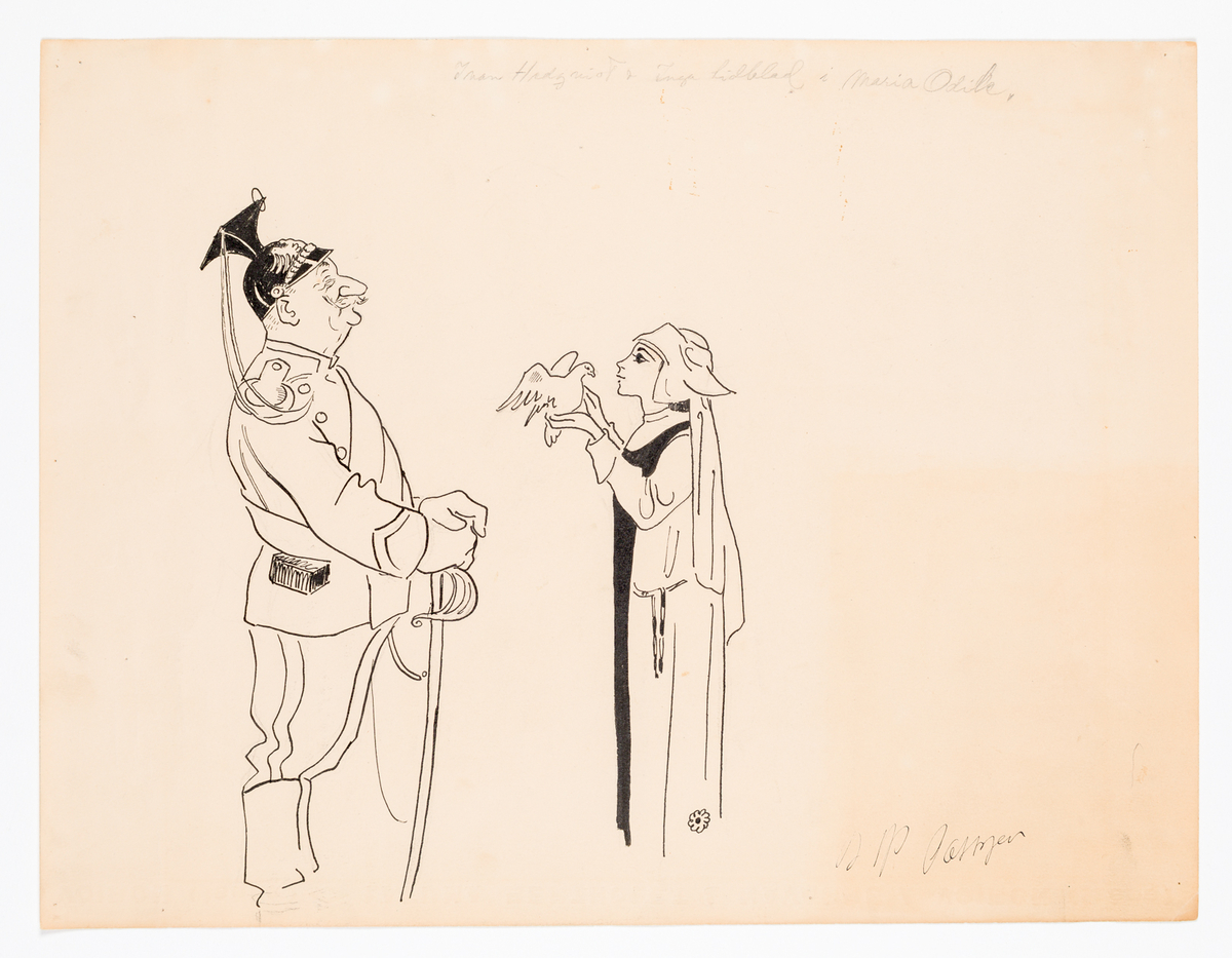 Till vänster en äldre man avbildad i profil till höger. Han har mustasch och är iklädd uniform med kask och värja. Till höger en ung kvinna i profil till vänster. Hon är iklädd nunnedräkt med dok. I händerna håller hon en duva.