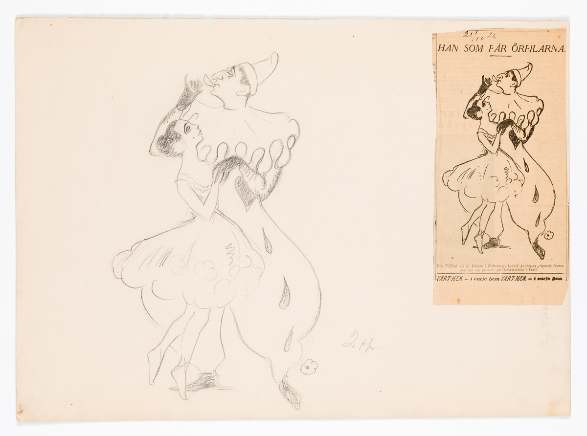 En man i clownkostym som dricker ur ett champagneglas. Han håller en balettflicka i handen. Till höger ses en fastklistrad tidningsbild av motivet. 
