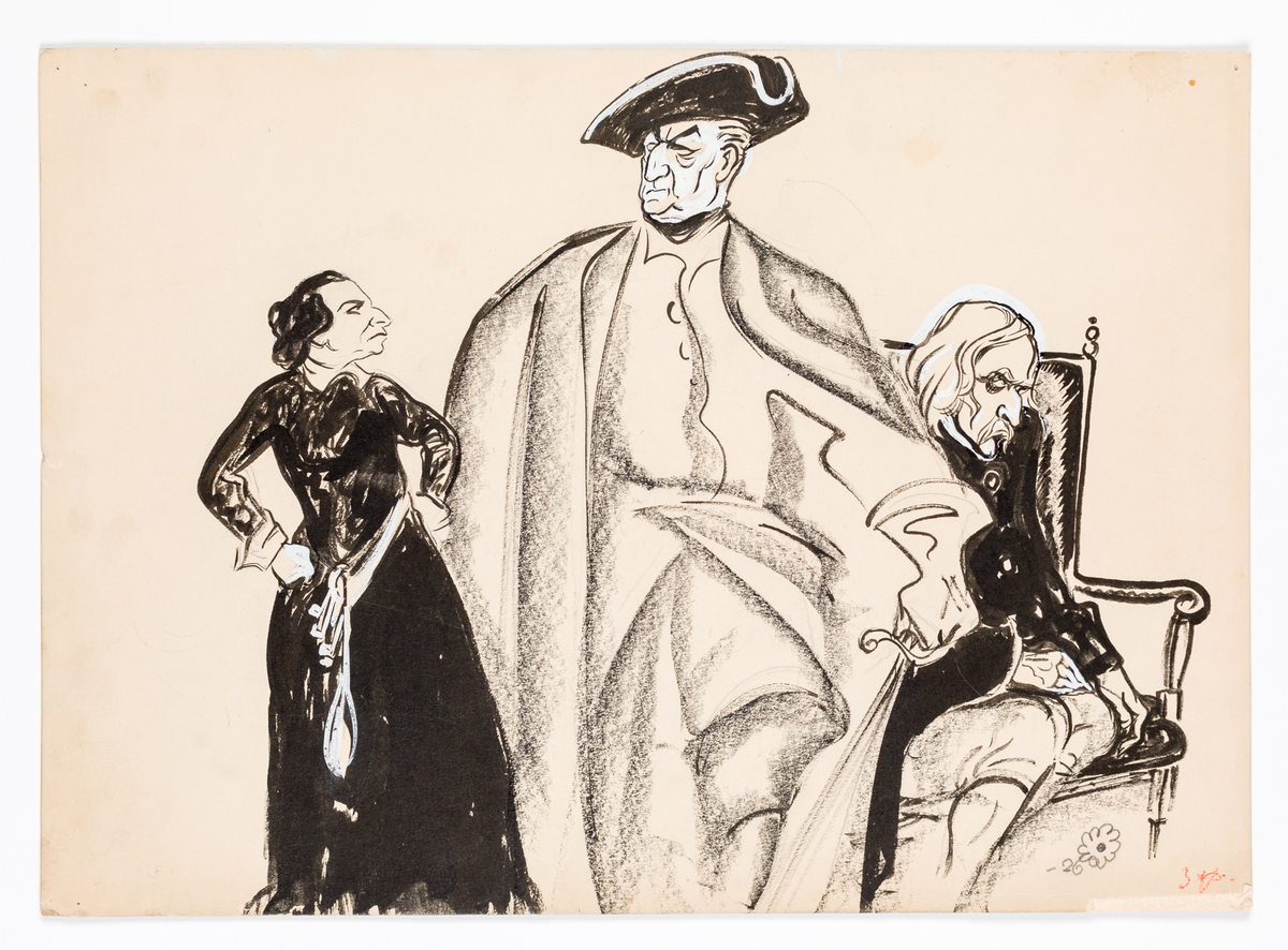 En man i uniform, mantel och hatt. Bakom honom en man i knäbyxor sittandes i karmstol. Till vänster, i mindre skala, står en svartklädd kvinna med blicken och huvudet vänt åt höger. På baksidan sitter en fastlimmad tidningsbild av karikatyren.
