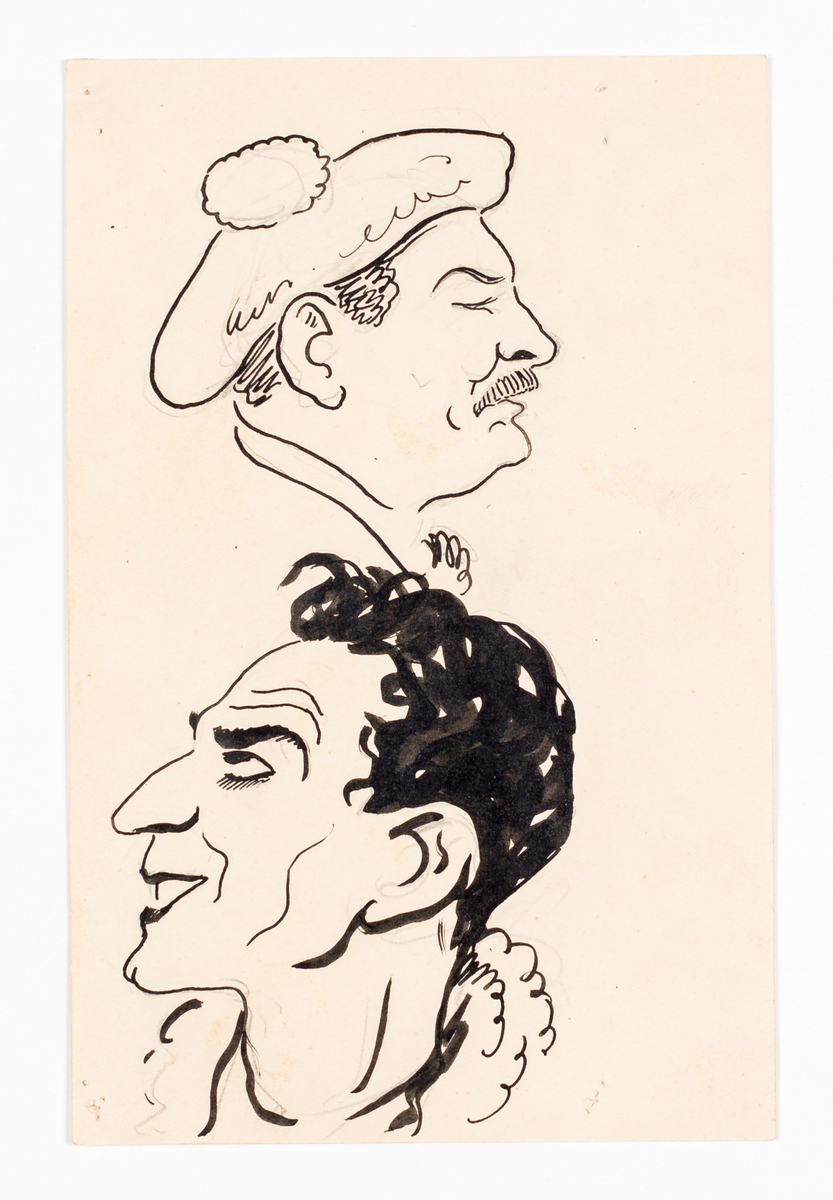 
Porträtt av två män. Mannen överst har mustasch och är iklädd mössa samt vänd åt höger. Mannen nederst har svart kort hår och är vänd mot väsnter. 
