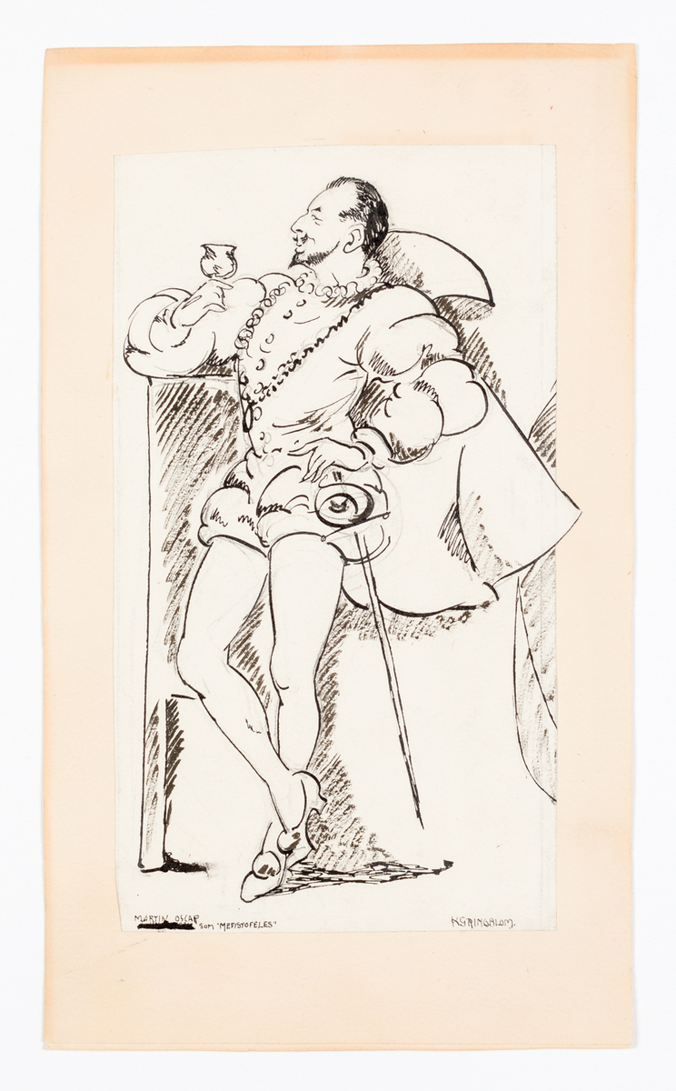 Man i helfigur åt vänster, iklädd trikåer, korta puffbyxor, tröja och mantel. Mannen står lutad med ena armen mot en möbel och håller ett vinglas i handen. Andra handen har han vid höften där det hänger en värja. Mannen har kort svart hår och spetsigt skägg.
