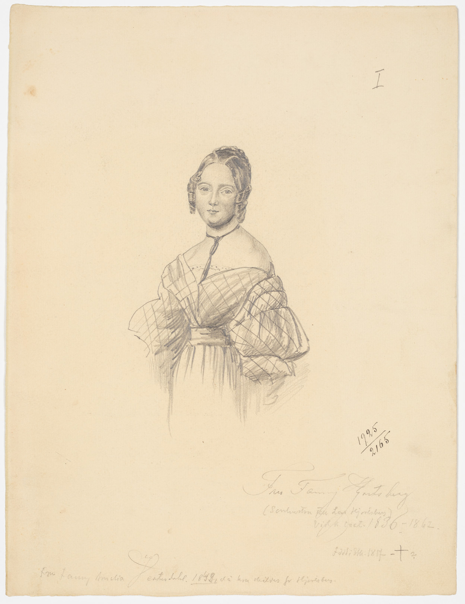 Kvinna med blus med stora puffärmar och nedhasade axlar. Håret är delat i benor med skrivlockar på sidorna. 
