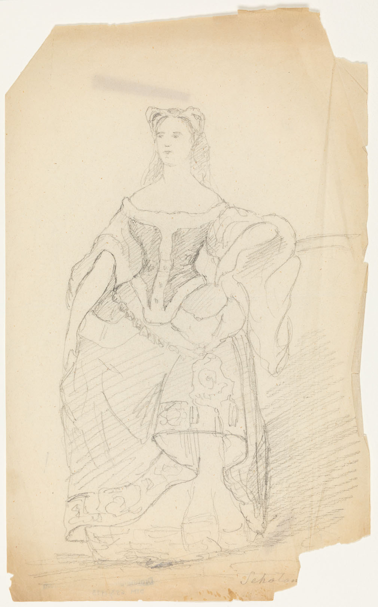 Kvinna i renässansdräkt med pälsbrämat liv. Liten hatt med slöja.
