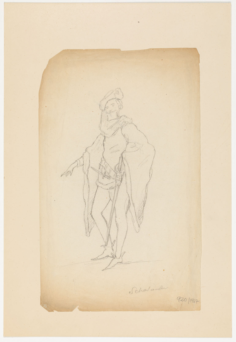 Man med skägg. Renässansdräkt: trikåer, lös cape, hatt med hängande del. Värja, kniv, pekande gest.
