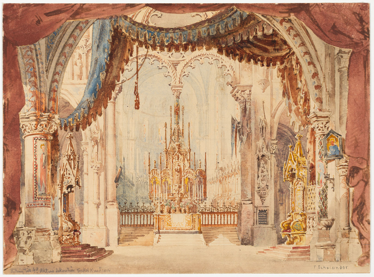 4:e aktens dekor. Rikt dekorerat kyrkorum, i fonden altaret.
