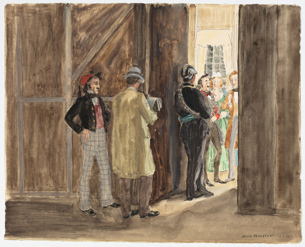 Bakom kulisserna står en man i profil iklädd fez, svart jacka och rutiga byxor tillsammans med en man som syns bakifrån iklädd ytterrock och hatt, samt en man klädd i uniform. Inne på scenen syns en kvinna i grön fotsid klänning omgiven av två män.
