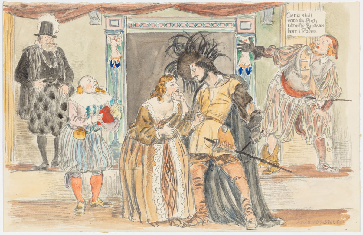 I mitten framför en scenöppning står en kvinna i fotsid brun klänning vänd mot en man i hatt med svarta plymer, jacka, höga stövlar och svart mantel. Till vänster står två män och till höger en, alla i renässansdräkter.
