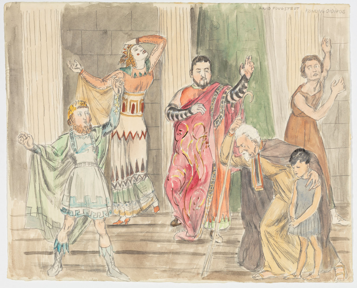 I en trappa står fyra män, ett barn och en kvinna klädda i antikiserande dräkter. En av männen är åldrig, syns i profil till vänster och stödjer sig på en stav och ett litet barn. I bakgrunden syns tre kolonner.
