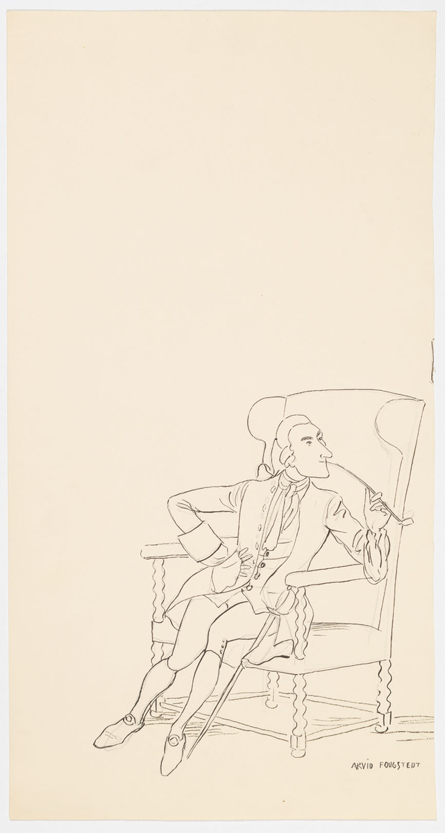 I en länstol sitter en man vänd mot höger. Han är klädd i knäbyxor, skor, väst, rock, skjorta och peruk i rokokostil. Han röker pipa och en värja är lutad mot stolen. 
