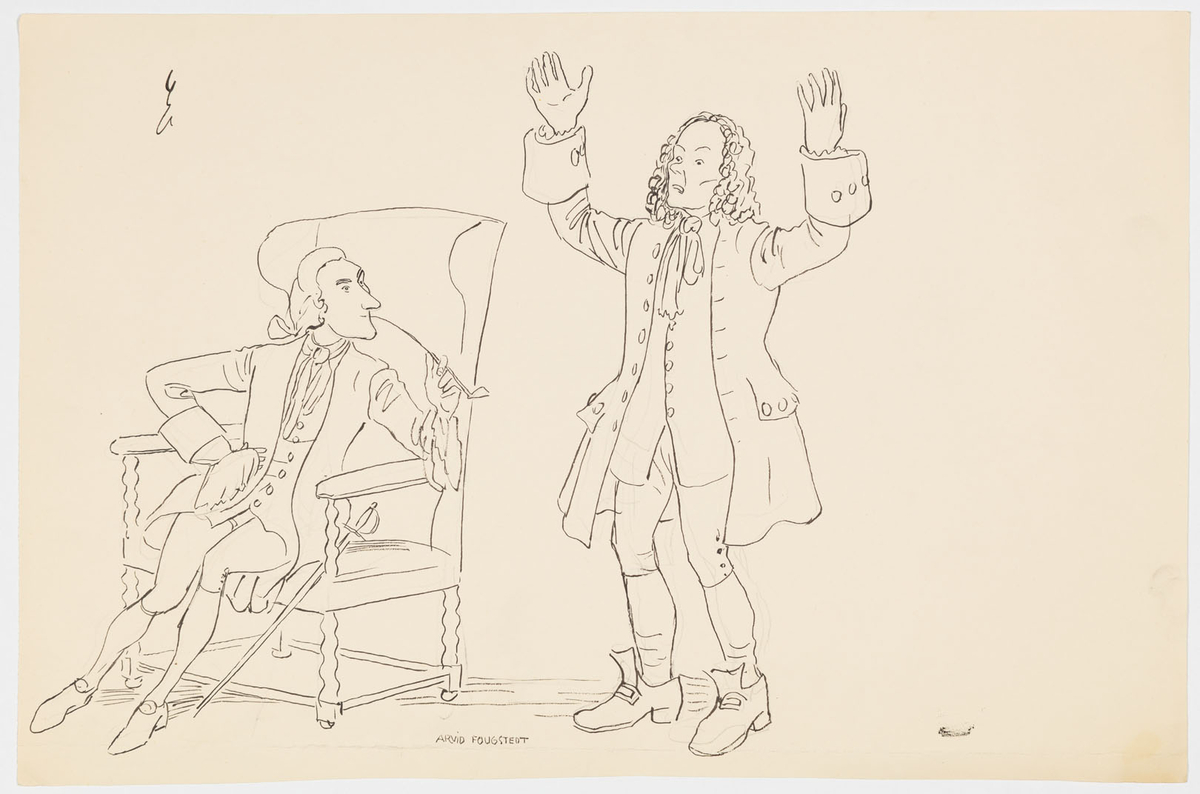 Till vänster i en länstol sitter en man vänd mot höger. Han är klädd i knäbyxor, skor, väst, rock, skjorta och peruk i rokokostil. Han röker pipa och en värja är lutad mot stolen. Till höger står en annan man, klädd i liknande kostym men med vidare justaucorps och grövre skor. Han sträcker ut armarna.
