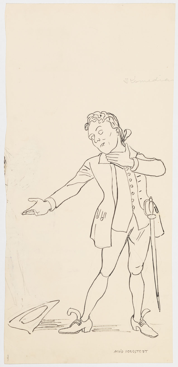 Man iklädd knäbyxor, väst, justaucorps och skor. Vid hans vänstra höft hänger en värja. Han vrider huvudet mot vänster och sträcker ut sin högerarm. En trekantig hatt ligger vid hans högerfot.
