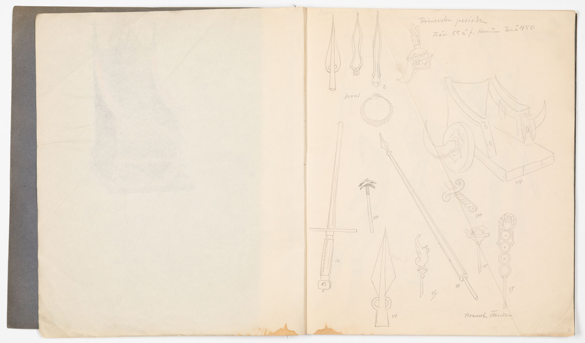 Skissblock i blått omslag med 35 blad, perforerade i innerkanten för att kunna rivas loss. På sid 19-31 finns det inga teckningar, på sid 32,33 är teckningarna utförda på bladets baksida. Teckningarna avbildar historiska kostymer, möbler och vapen - oftast med sidohänvisningar till förlagan och diverse anteckningar om objekten. Vissa av teckningarna är utförda på färgat papper och sedan inklistrade i blocket. Flera sidor är rivna ur blocket.
