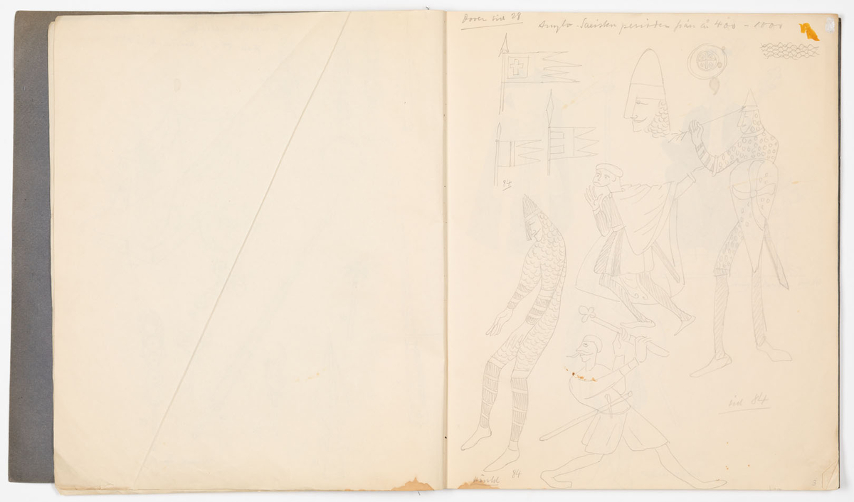 Skissblock i blått omslag med 35 blad, perforerade i innerkanten för att kunna rivas loss. På sid 19-31 finns det inga teckningar, på sid 32,33 är teckningarna utförda på bladets baksida. Teckningarna avbildar historiska kostymer, möbler och vapen - oftast med sidohänvisningar till förlagan och diverse anteckningar om objekten. Vissa av teckningarna är utförda på färgat papper och sedan inklistrade i blocket. Flera sidor är rivna ur blocket.
