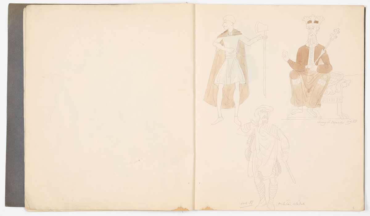 Skissblock i blått omslag med 35 blad, perforerade i innerkanten för att kunna rivas loss. På sid 19-31 finns det inga teckningar, på sid 32,33 är teckningarna utförda på bladets baksida. Teckningarna avbildar historiska kostymer, möbler och vapen - oftast med sidohänvisningar till förlagan och diverse anteckningar om objekten. Vissa av teckningarna är utförda på färgat papper och sedan inklistrade i blocket. Flera sidor är rivna ur blocket.
