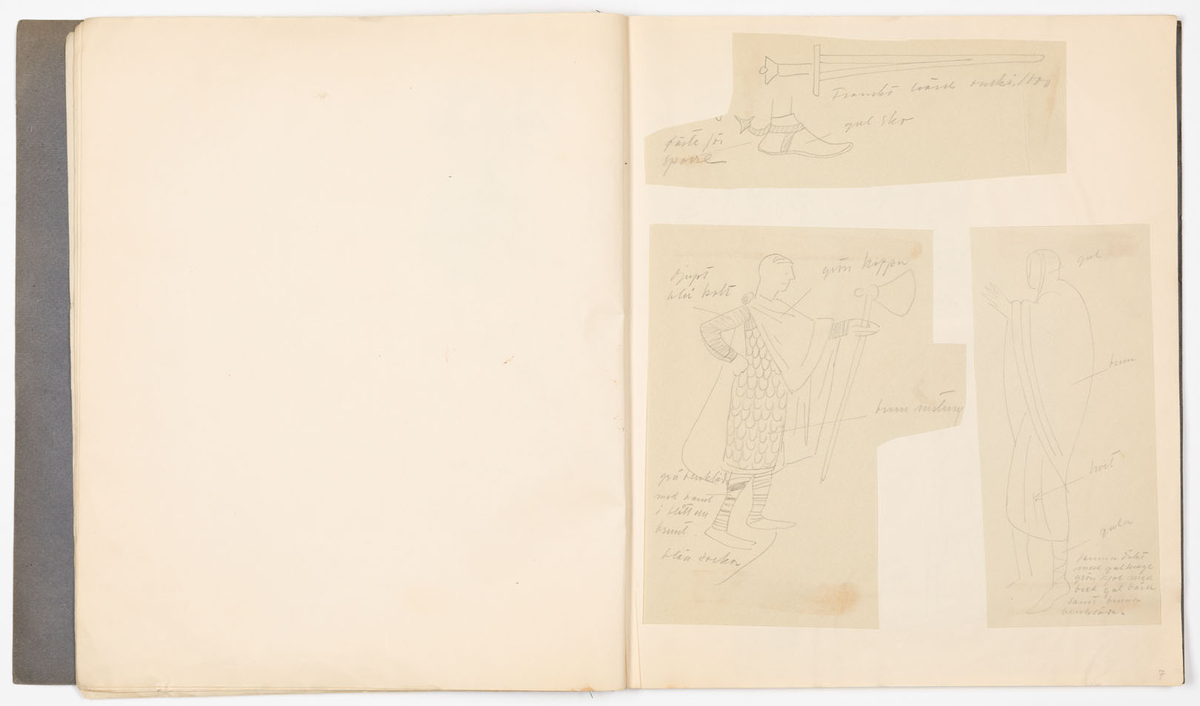 Skissblock i blått omslag med 35 blad, perforerade i innerkanten för att kunna rivas loss. På sid 19-31 finns det inga teckningar, på sid 32,33 är teckningarna utförda på bladets baksida. Teckningarna avbildar historiska kostymer, möbler och vapen - oftast med sidohänvisningar till förlagan och diverse anteckningar om objekten. Vissa av teckningarna är utförda på färgat papper och sedan inklistrade i blocket. Flera sidor är rivna ur blocket.
