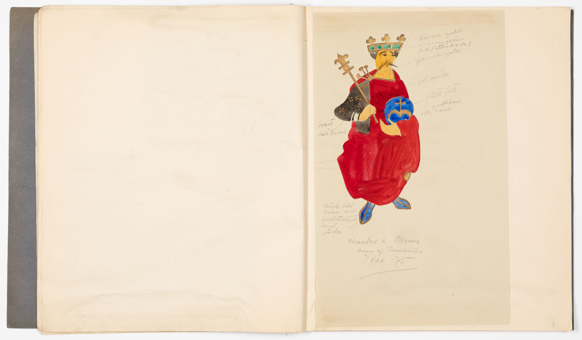 Skissblock i blått omslag med 35 blad, perforerade i innerkanten för att kunna rivas loss. På sid 19-31 finns det inga teckningar, på sid 32,33 är teckningarna utförda på bladets baksida. Teckningarna avbildar historiska kostymer, möbler och vapen - oftast med sidohänvisningar till förlagan och diverse anteckningar om objekten. Vissa av teckningarna är utförda på färgat papper och sedan inklistrade i blocket. Flera sidor är rivna ur blocket.
