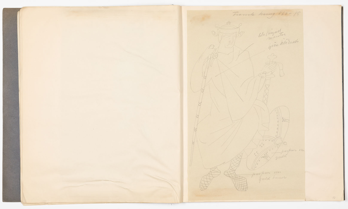 Skissblock i blått omslag med 35 blad, perforerade i innerkanten för att kunna rivas loss. På sid 19-31 finns det inga teckningar, på sid 32,33 är teckningarna utförda på bladets baksida. Teckningarna avbildar historiska kostymer, möbler och vapen - oftast med sidohänvisningar till förlagan och diverse anteckningar om objekten. Vissa av teckningarna är utförda på färgat papper och sedan inklistrade i blocket. Flera sidor är rivna ur blocket.
