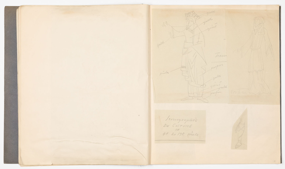 Skissblock i blått omslag med 35 blad, perforerade i innerkanten för att kunna rivas loss. På sid 19-31 finns det inga teckningar, på sid 32,33 är teckningarna utförda på bladets baksida. Teckningarna avbildar historiska kostymer, möbler och vapen - oftast med sidohänvisningar till förlagan och diverse anteckningar om objekten. Vissa av teckningarna är utförda på färgat papper och sedan inklistrade i blocket. Flera sidor är rivna ur blocket.
