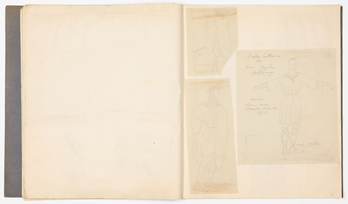 Skissblock i blått omslag med 35 blad, perforerade i innerkanten för att kunna rivas loss. På sid 19-31 finns det inga teckningar, på sid 32,33 är teckningarna utförda på bladets baksida. Teckningarna avbildar historiska kostymer, möbler och vapen - oftast med sidohänvisningar till förlagan och diverse anteckningar om objekten. Vissa av teckningarna är utförda på färgat papper och sedan inklistrade i blocket. Flera sidor är rivna ur blocket.
