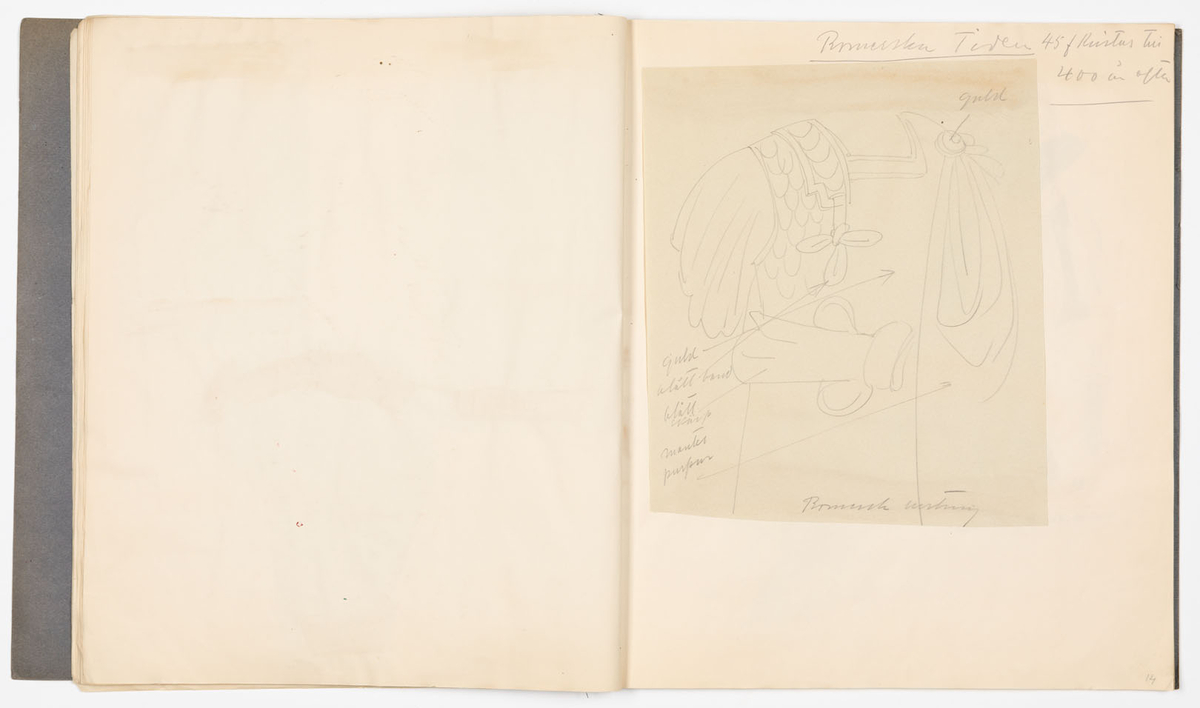 Skissblock i blått omslag med 35 blad, perforerade i innerkanten för att kunna rivas loss. På sid 19-31 finns det inga teckningar, på sid 32,33 är teckningarna utförda på bladets baksida. Teckningarna avbildar historiska kostymer, möbler och vapen - oftast med sidohänvisningar till förlagan och diverse anteckningar om objekten. Vissa av teckningarna är utförda på färgat papper och sedan inklistrade i blocket. Flera sidor är rivna ur blocket.
