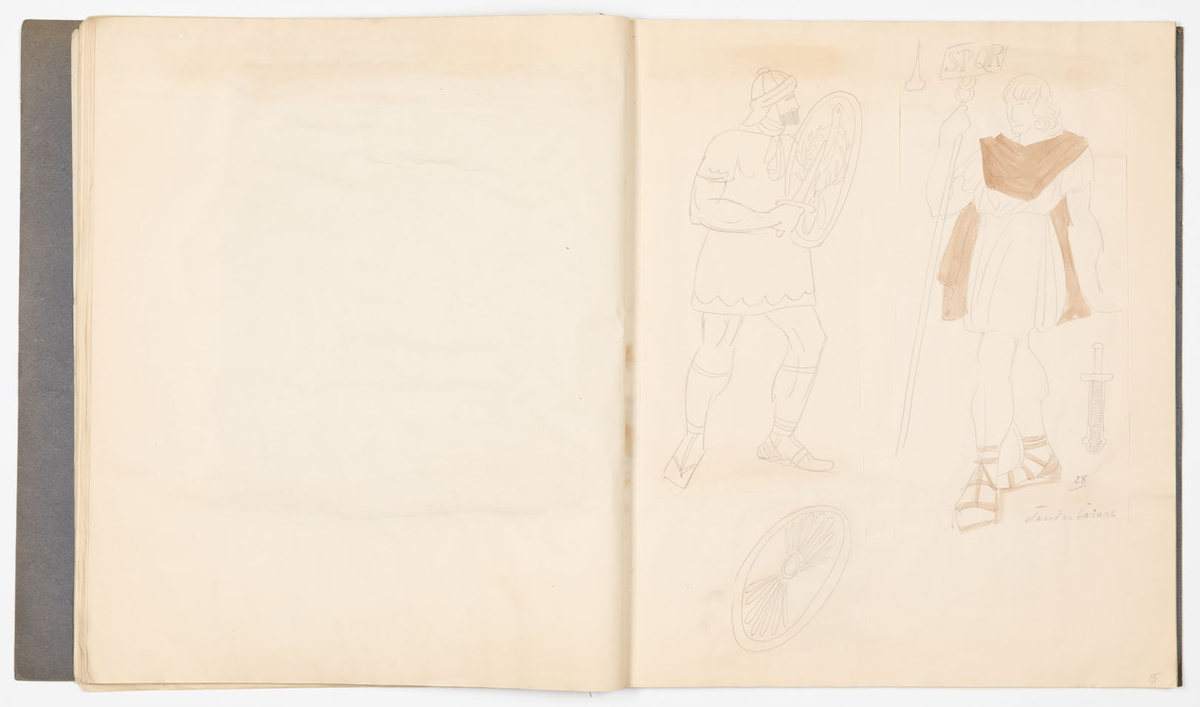 Skissblock i blått omslag med 35 blad, perforerade i innerkanten för att kunna rivas loss. På sid 19-31 finns det inga teckningar, på sid 32,33 är teckningarna utförda på bladets baksida. Teckningarna avbildar historiska kostymer, möbler och vapen - oftast med sidohänvisningar till förlagan och diverse anteckningar om objekten. Vissa av teckningarna är utförda på färgat papper och sedan inklistrade i blocket. Flera sidor är rivna ur blocket.
