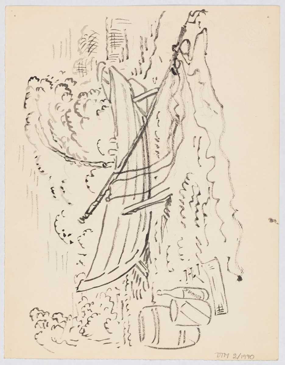 Stående kvinna i helfigur. Iklädd gul lång klänning med släp och brunna kanter. Den är urringad. Under den uppslitsade klänningen en svart kjol med silverprickar. Hon har silverstövlar. På hennes högra sida står en vas med blommor. På baksidan: En rodbåt på land. I förgrunden till vänster står två tunnor och en flaska som det står konjak på. I bakgrunden är träd antydda.
