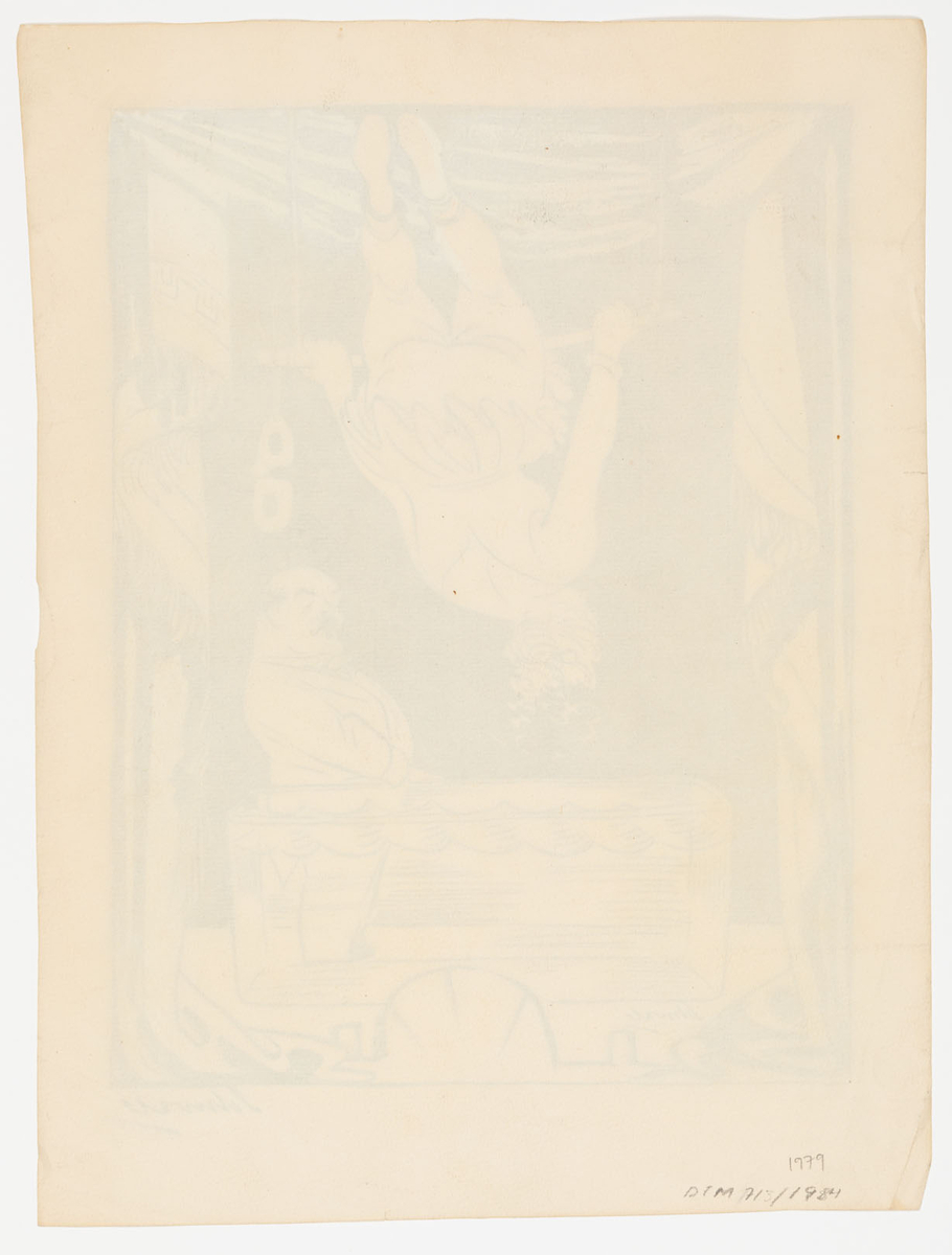 Scenöppning, inramad av draperier. I mitten vattenfyllt badkar/akvarium. Ovanför detta hänger en kvinna i en trapets. Till höger en liten man med mustasch.
