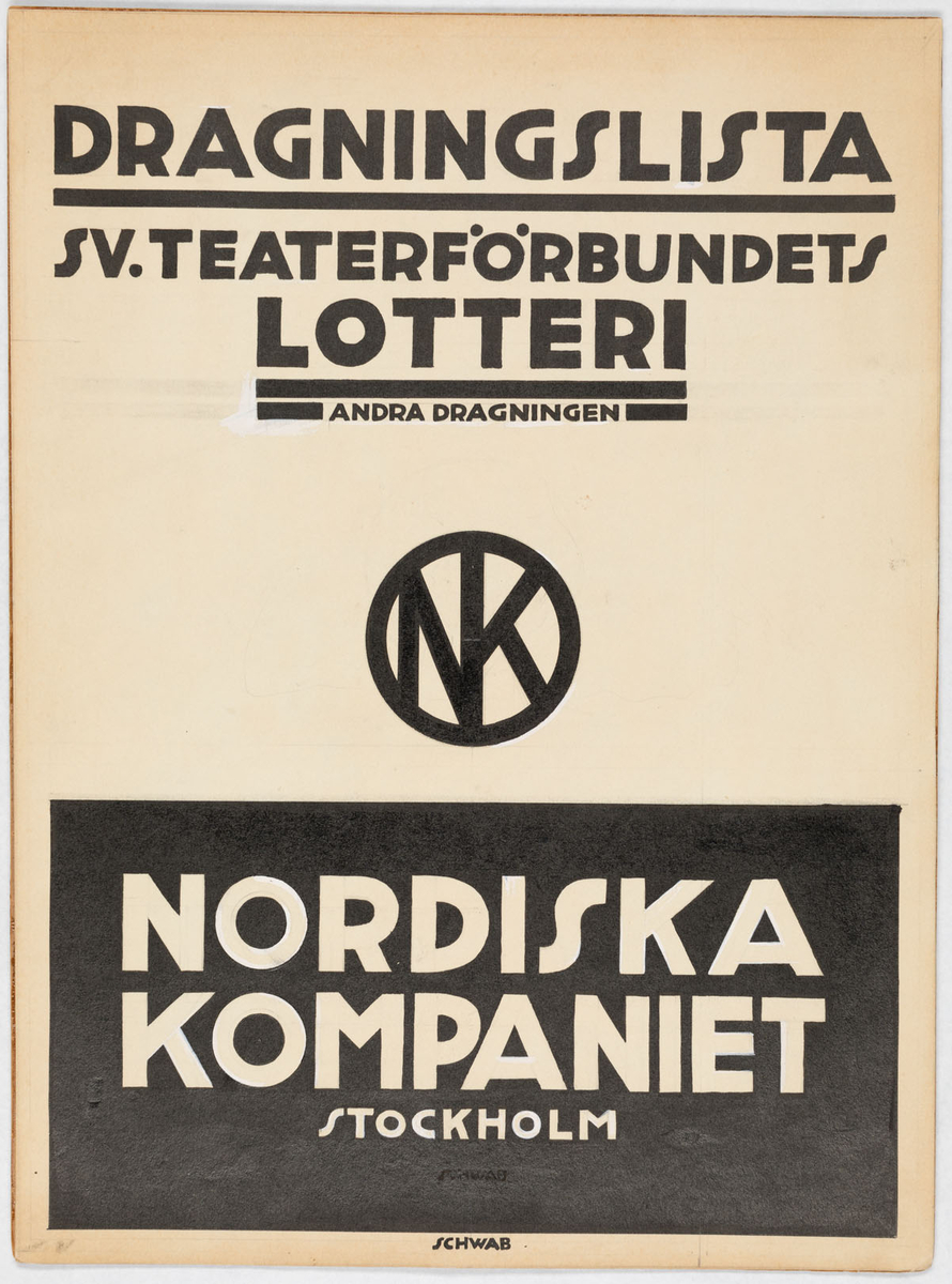 Överdelen av affischförslaget är vitt med svart text. I mitten: NK.s emblem. Nedre delen är svart med vit text.
