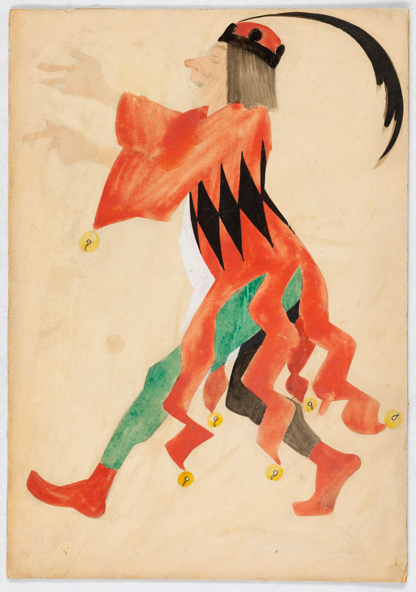 Springande man i profil i narrkostym, svart krona med kulor, röd kulle och lång svart fjäder. Röd vidärmad jacka med svarta kulor kring midjan, gula bjällror. Hosor med ett grönt och ett svart ben samt röda fötter.
