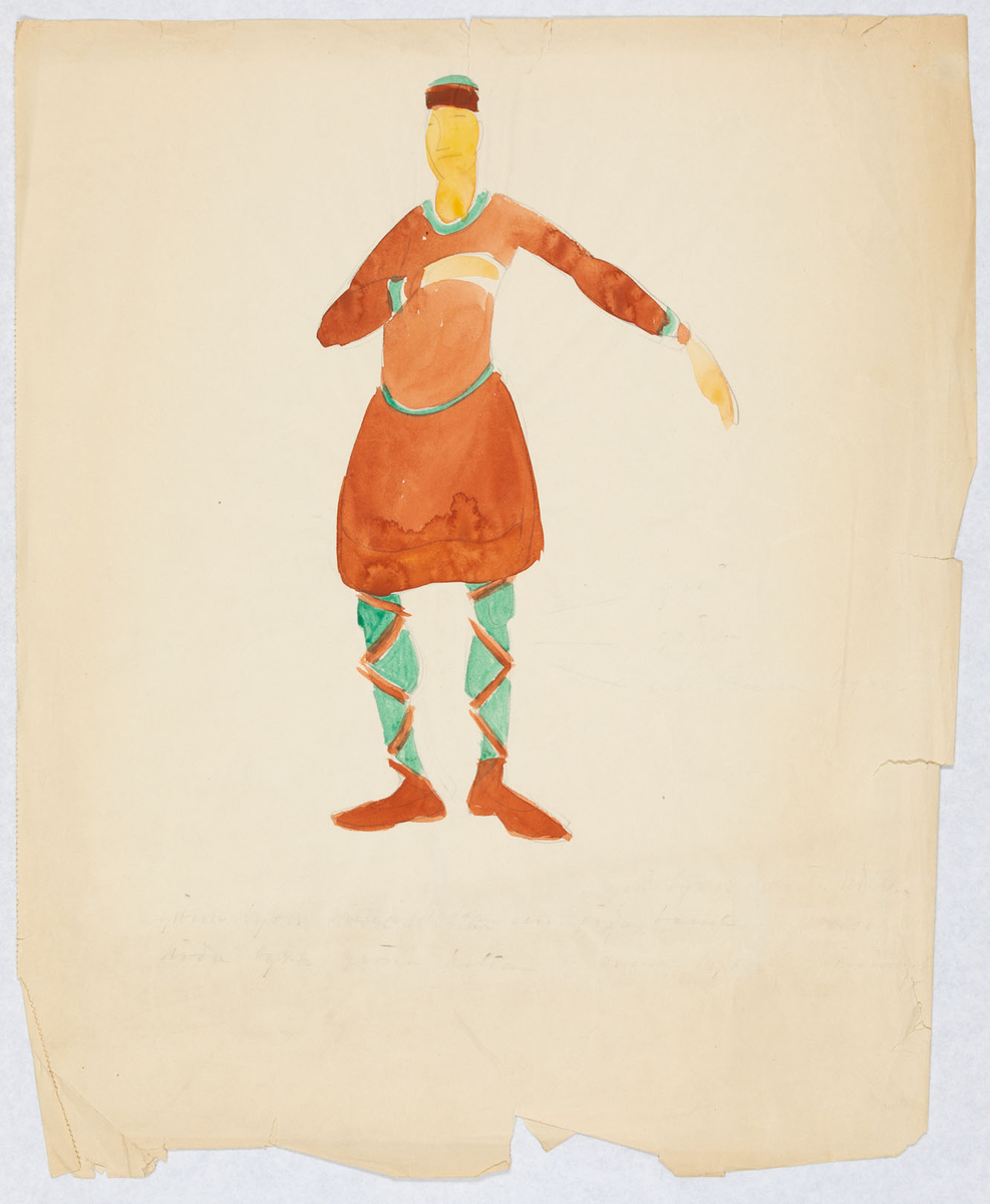 Man i grön huvudbonad med brunt bräm, brun tunika med gröna kanter kring hals och ärmar, grönt smalt bälte, gröna hosor med bruna band och fötter. Jfr 121/1989
