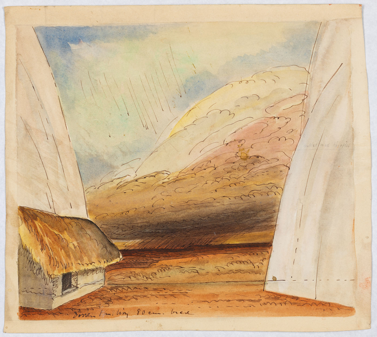 Till höger och vänster ljust grå höga släta bergssidor, till vänster ett litet grått hus med gulbrunt halmtak. Låg horisontlinje över vilken ligger mörka moln med regn. Molnen övergår uppåt i rosa, vitt och gult mot en blå och grön himmel. Jfr 123/1989
