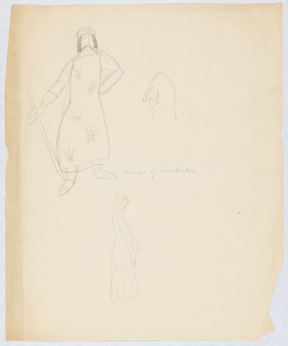 Man med huvudbonad, tunika med franska liljan och hosor. I sin högra hand håller han ett svärd. Hjälm. Kvinna i profil med dok och lång klänning med vida ärmar.
