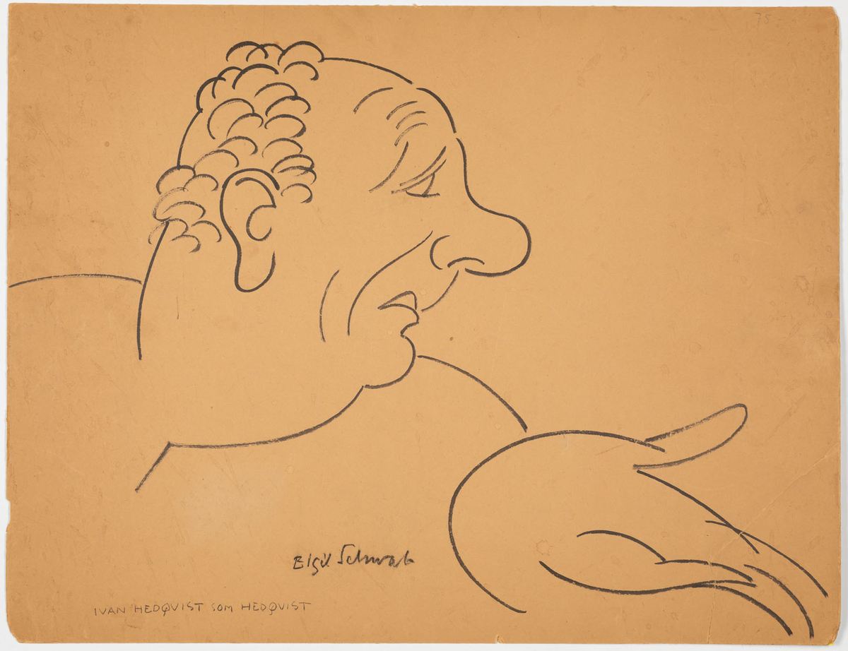 Ett manshuvud i profil till höger. Han har lockigt hår och stor näsa. Till höger i bild syns hans hand.
