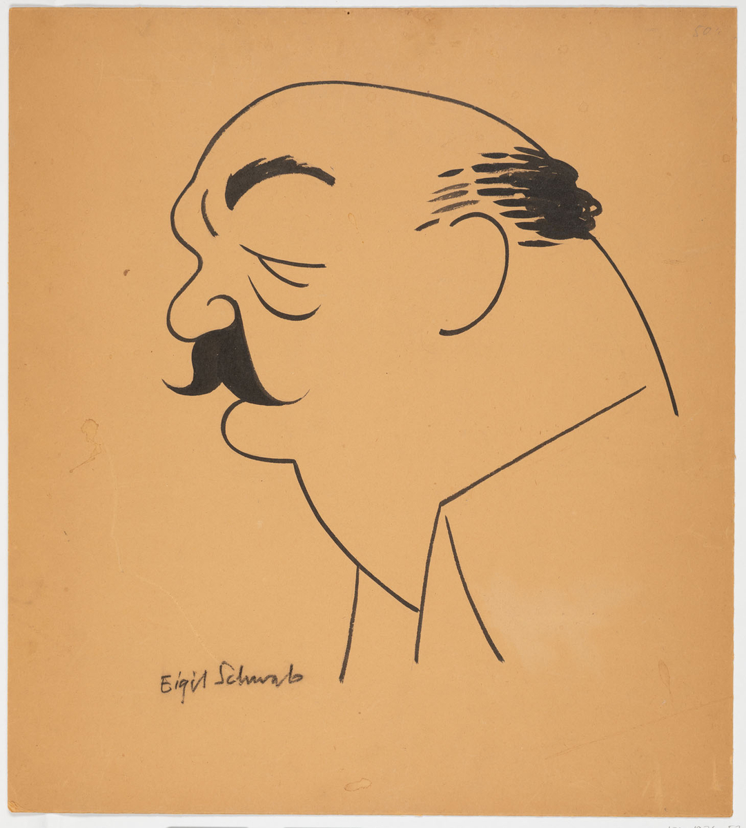 Bild av ett manshuvud i profil till vänster. Han är flintskallig och har en svart mustasch.
