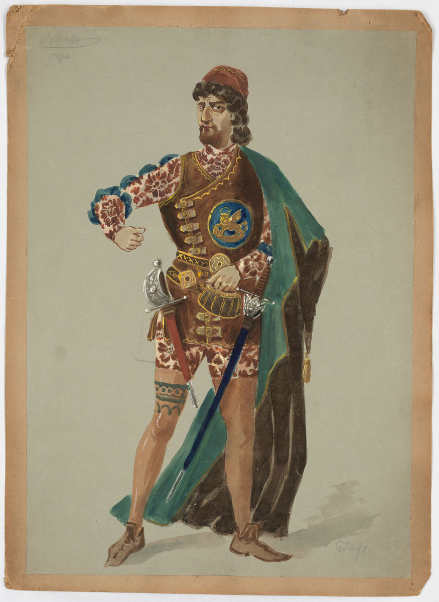 En man med mörkt hår och skägg i en blommönstrad blus och korta byxor i gräddvitt och rödbrunt samt blått på ärmarna. Över detta bär han en lårkort brun väst med guldbroderier och spännen samt ett broderat vapen i form av ett bevingat lejon. Han bär bruna strumpor med mönster runt ett lår, en liten rödbrun kalott samt en mörkbrun cape med blågrönt foder. Vir bältet sitter en värja och ett kort svärd fästade.
