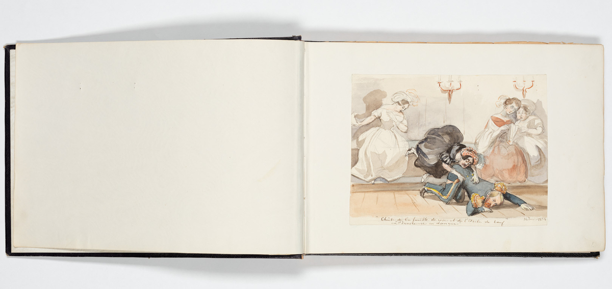 En uniformerad man som ramlat på alla fyra och över honom faller en svartklädd kvinna. Tre kvinnor i aftonklänningar sitter bakom på en bänk och ser förskräckta på det som händer.
